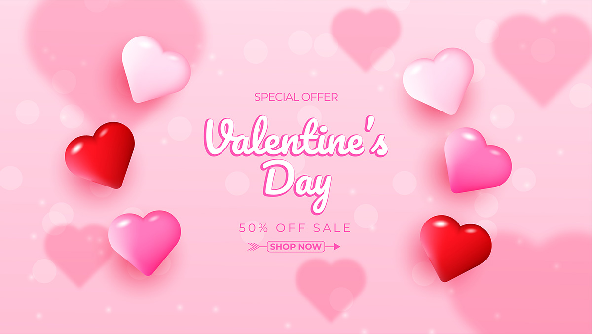 Banner ngày valentine màu hồng lãng mạn file vector mẫu BV211