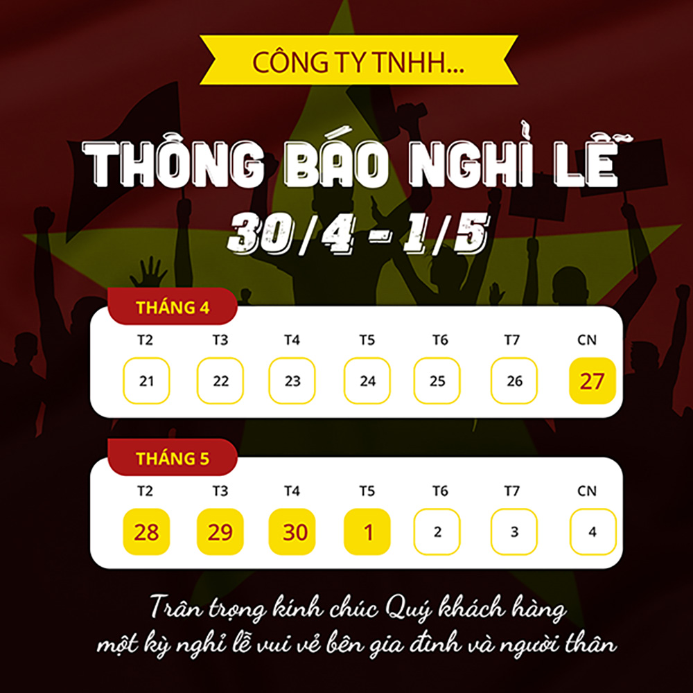 Thông báo lịch nghỉ lễ 30.4 - 01.5 mẫu 38 file PSD