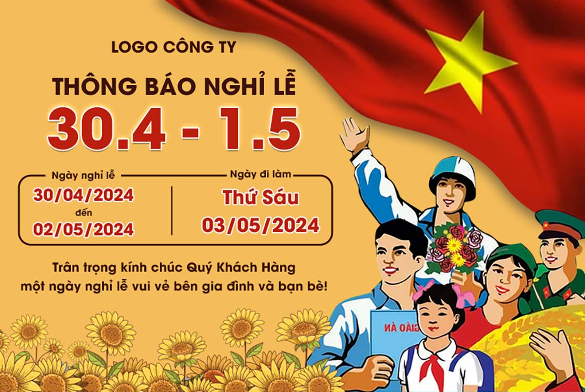 Thông báo nghỉ lễ dịp 30.4 - 01.5 mẫu 06 file PSD