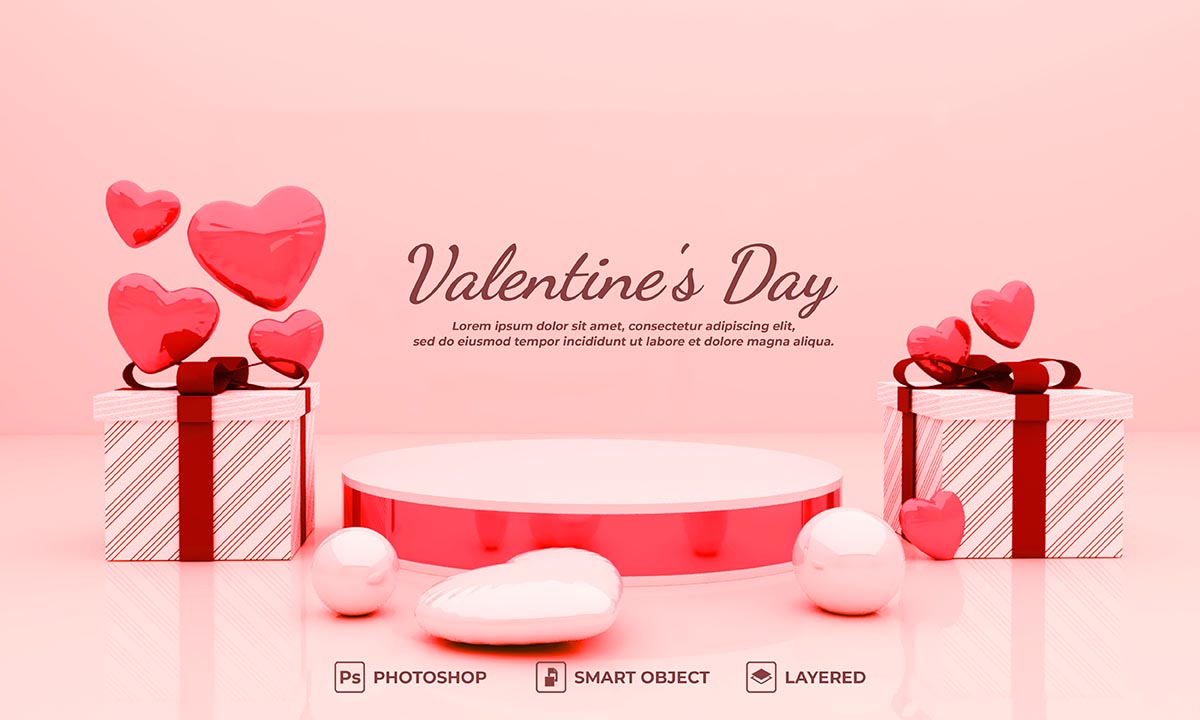 Banner bục trưng bày 3D cùng hộp quà valentine file PSD mẫu số 972