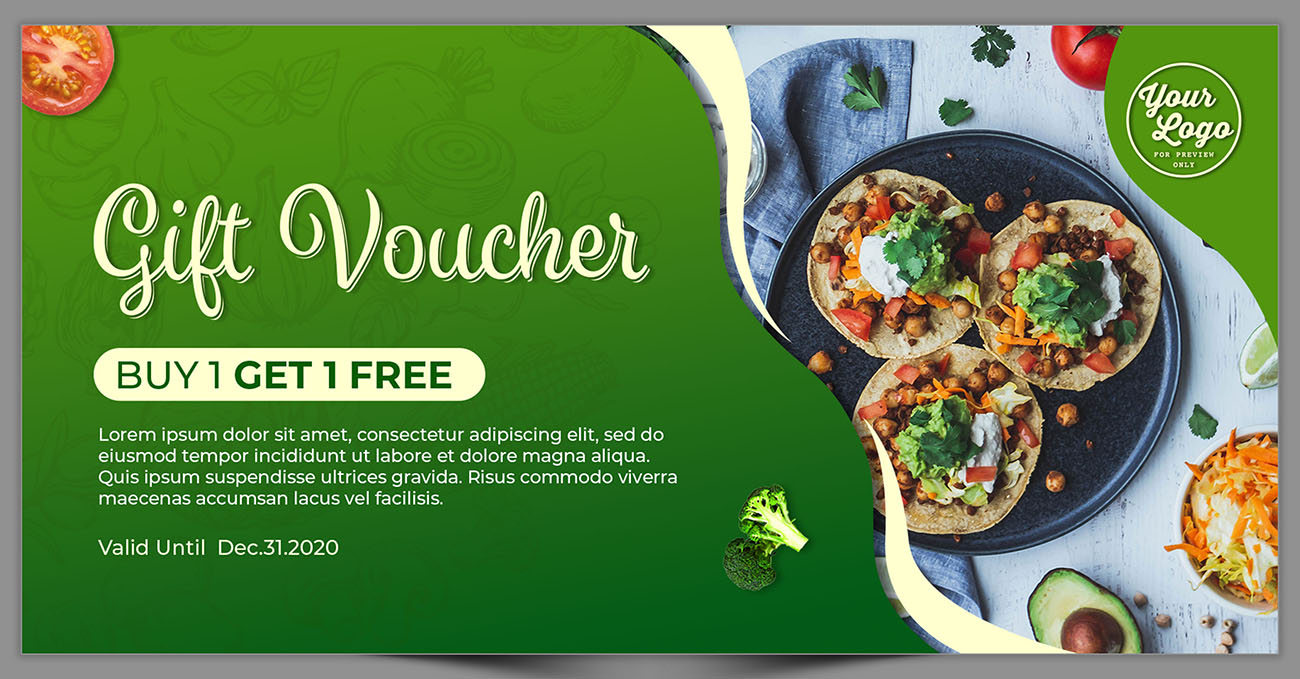 Mẫu voucher mua 1 tặng 1 ngành thực phẩm đồ ăn D74 file PSD