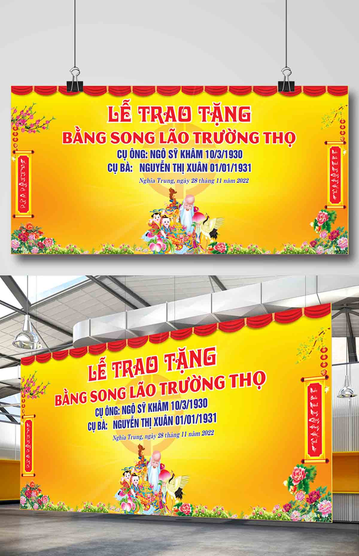 Backdrop lễ trao tặng bằng song lão thượng thọ file Corel  - mẫu 26