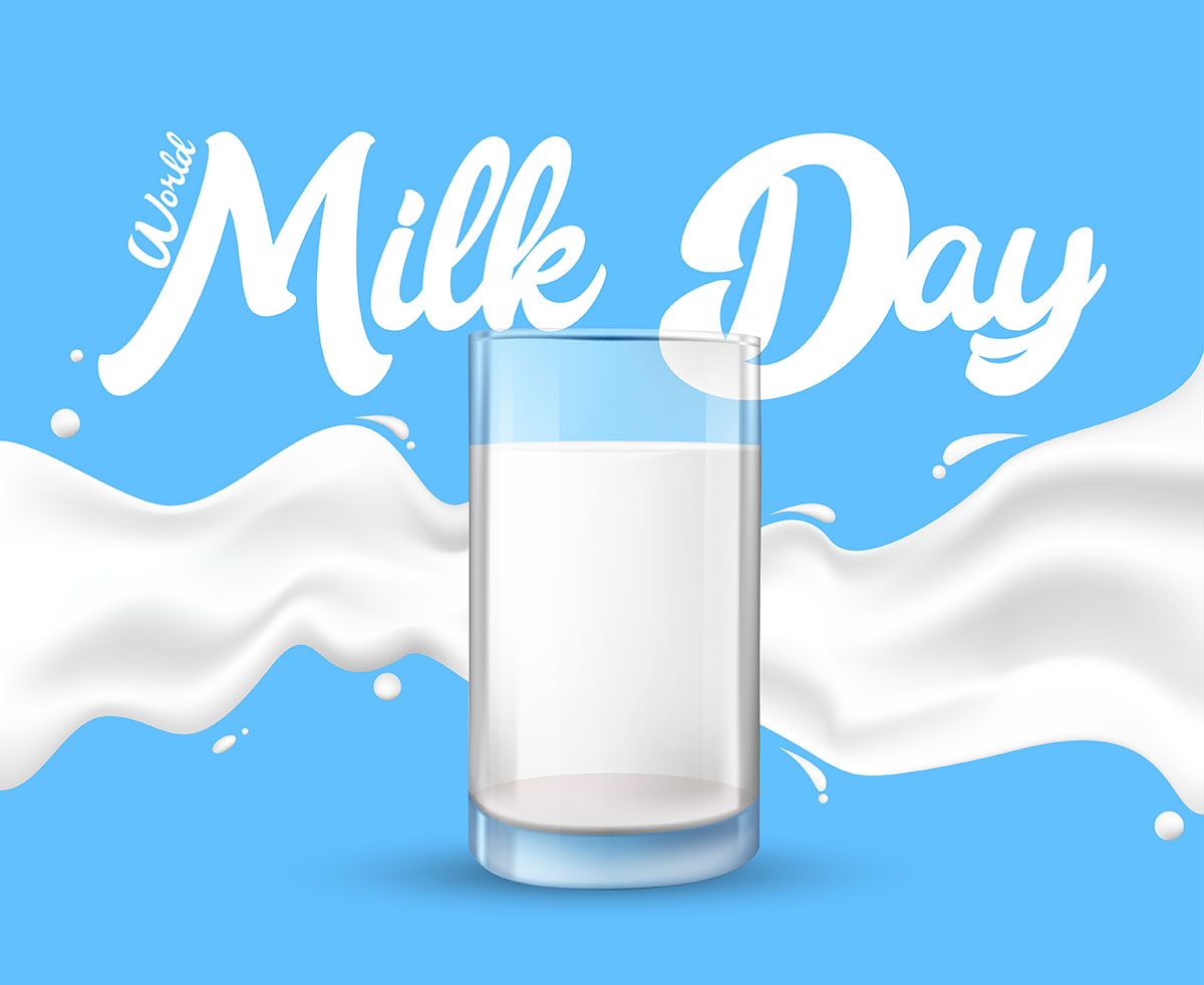 Banner milk day cùng dòng sữa và cốc sữa đằng sau là nền xanh dương