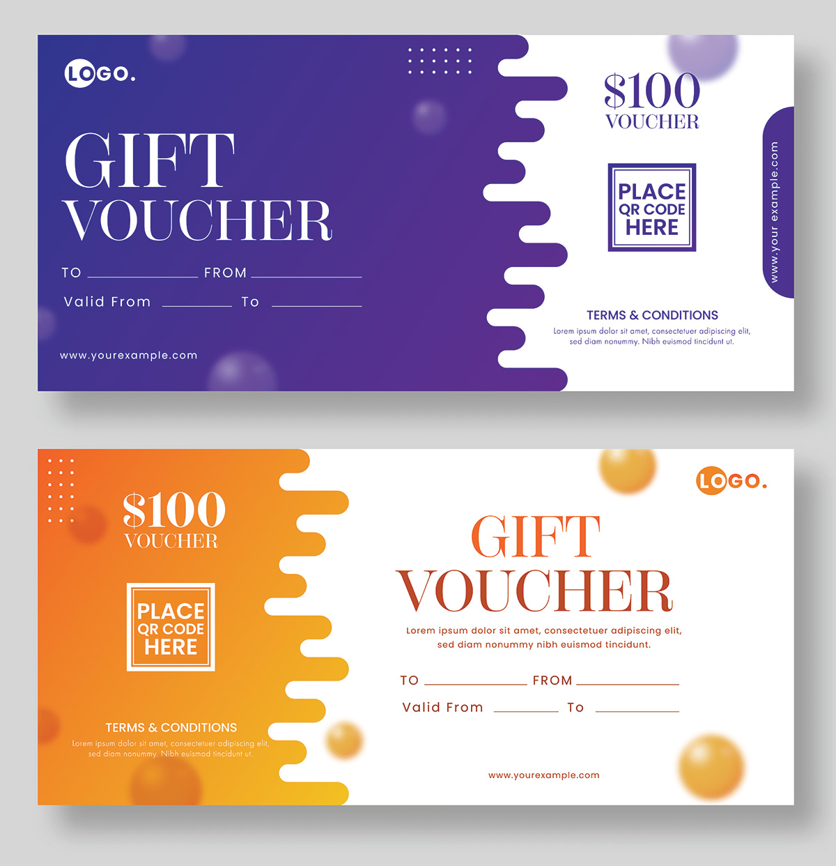 Mẫu voucher thẻ quà tặng màu cam xanh ấn tượng EPS