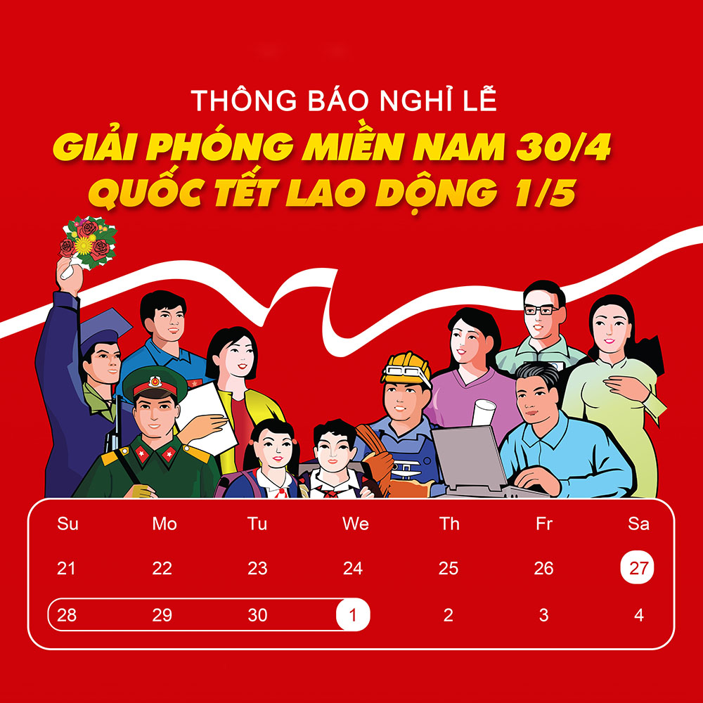 Thông báo nghỉ lễ 30.4 - 01.5 nền màu đỏ mẫu 17 file PSD