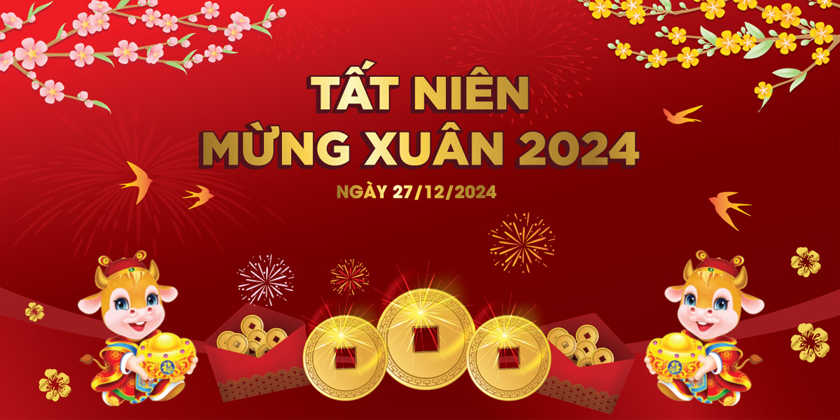 Backdrop tiệc tất niên mừng xuân 2024 kèm hoa mai và tiền vàng - File EPS