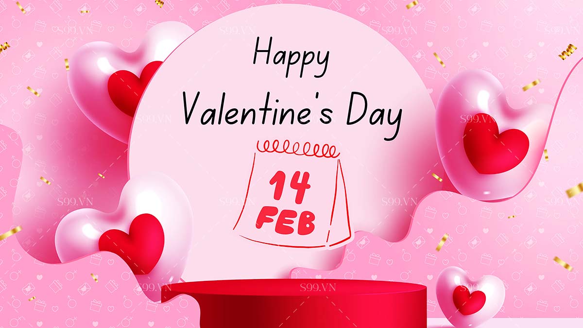 Banner bục trưng bày 3D ngày valentine nền hồng file JPG mẫu số 689