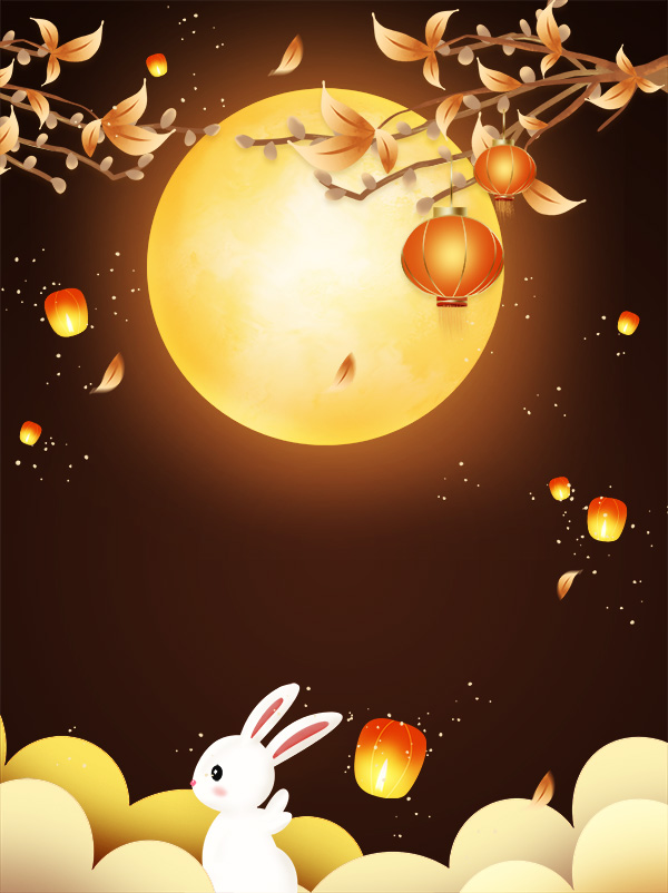 Background chủ đề trung thu với ánh trăng vàng và thỏ trắng H17 file PSD
