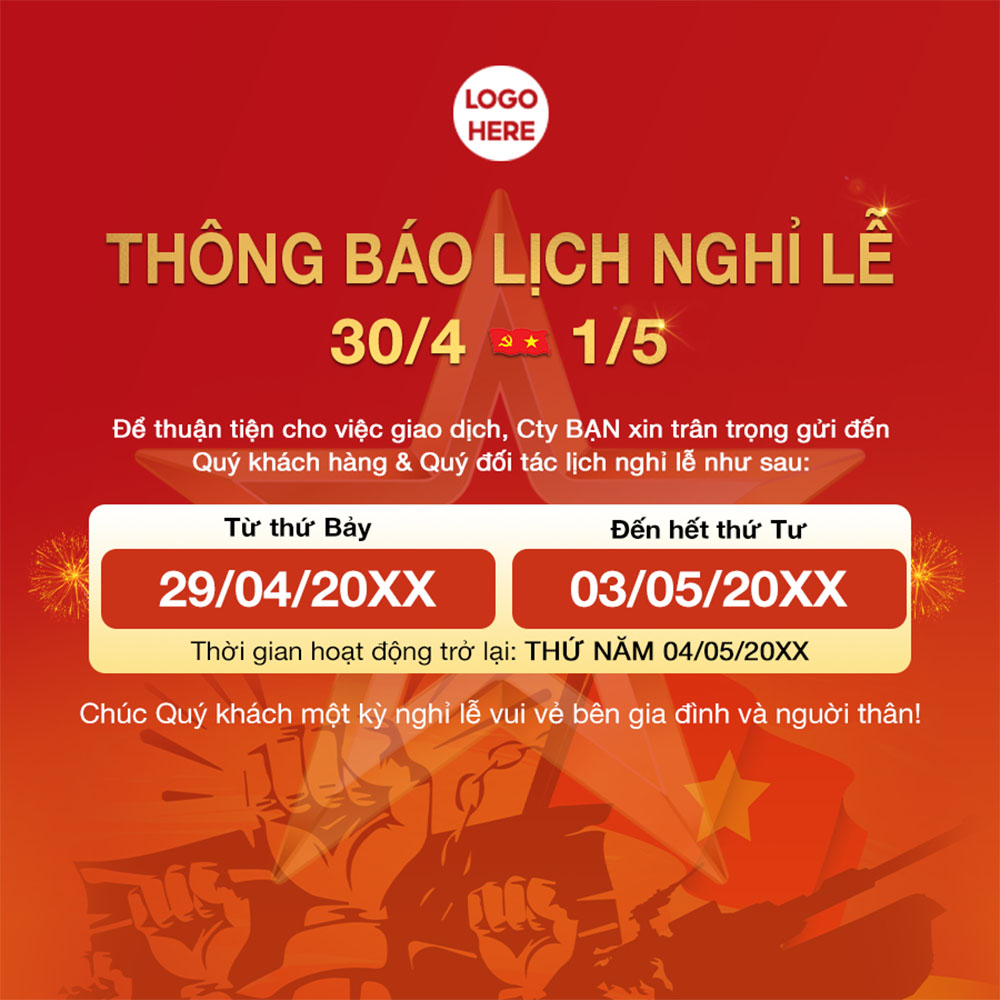 Thông báo nghỉ lễ dịp 30.4 - 01.5 nền màu đỏ mẫu 07 file PSD