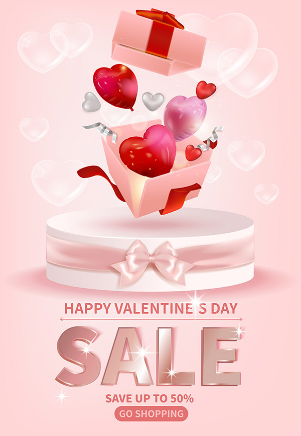 Poster giảm giá dịp ngày valentine hình ảnh hộp quà trái tim file vector mẫu số 370