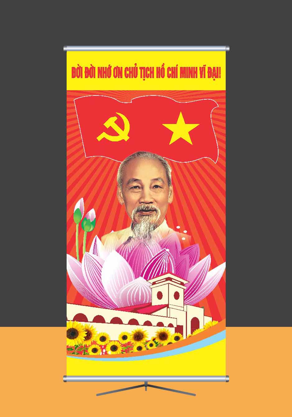 Mẫu phướn dọc hình ảnh Bác Hồ vĩ đại cùng hoa sen hồng file corel mẫu số 442