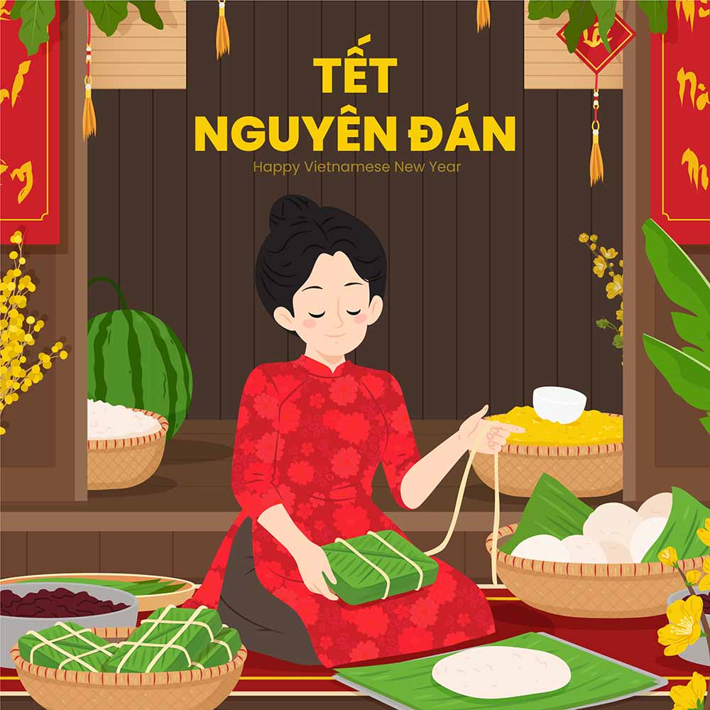 Hình minh họa cô gái gói bánh chưng dịp tết file vector mẫu số 763