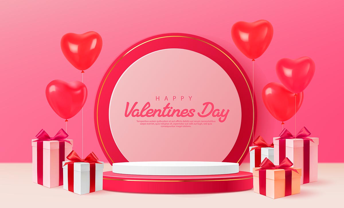 Banner bục trưng bày 3D cùng hộp quà ngày valentine file vector mẫu số 470