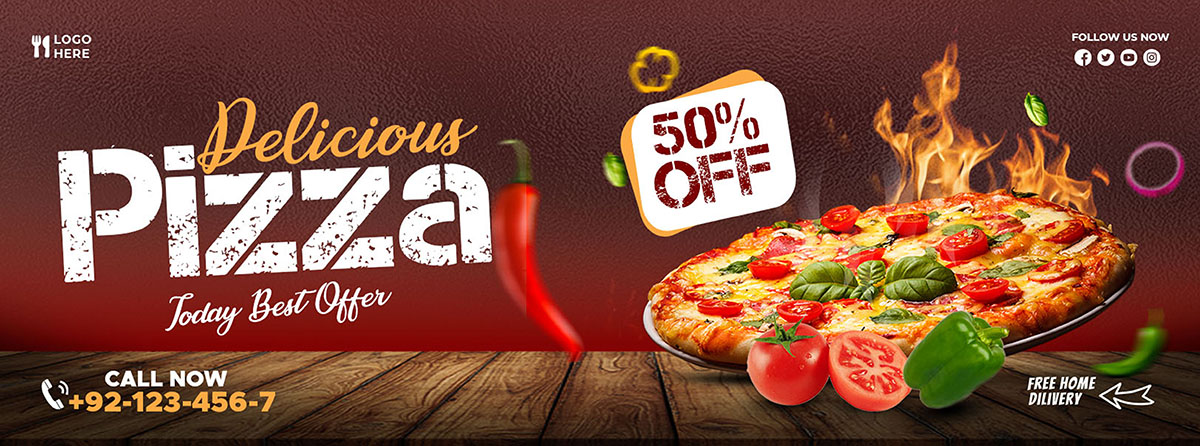 Banner quảng cáo bánh Pizza với quả ớt và cà chua đỏ L10 file PSD