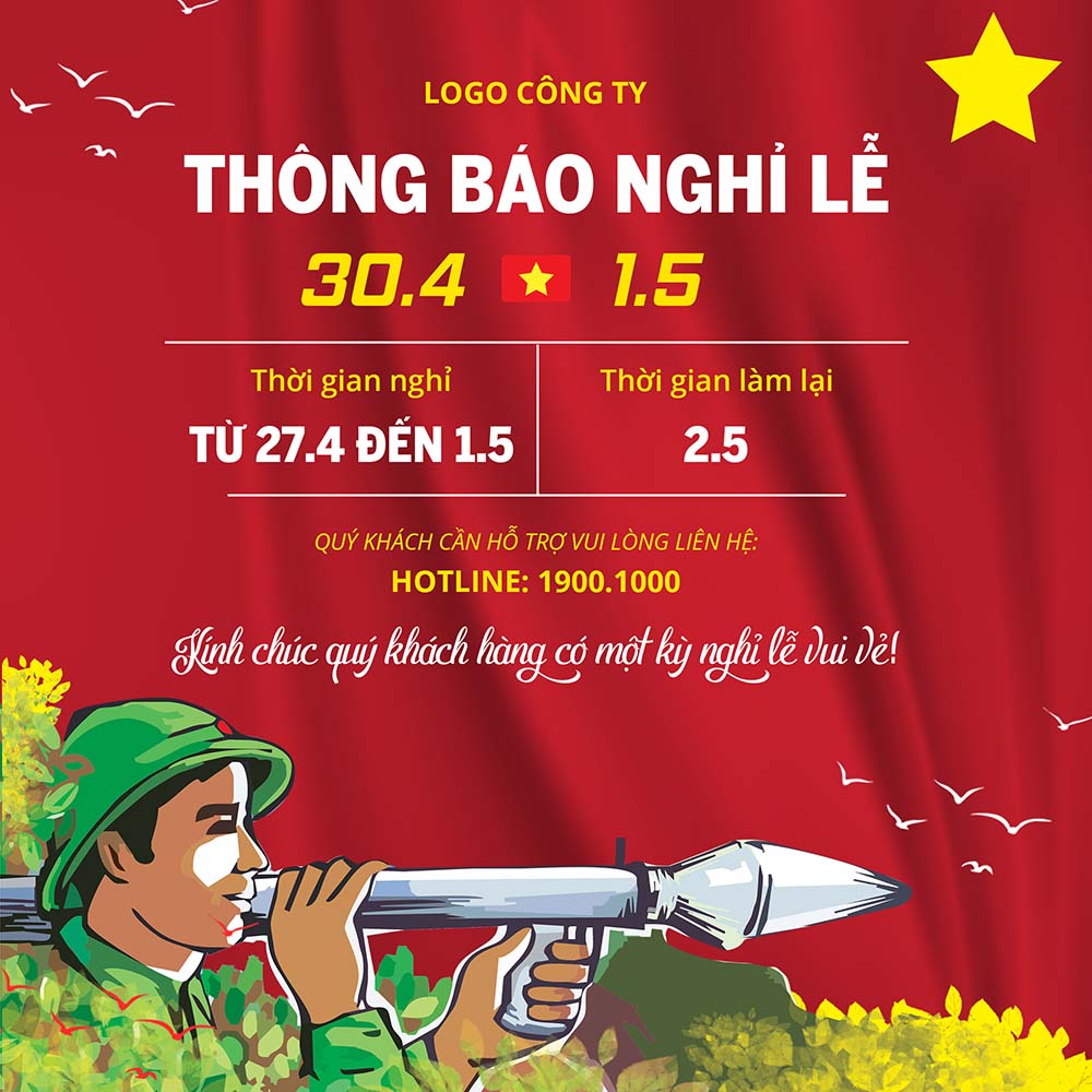 Thông báo nghỉ lễ 30.4 - 01.5 nền màu đỏ mẫu 35 file PSD