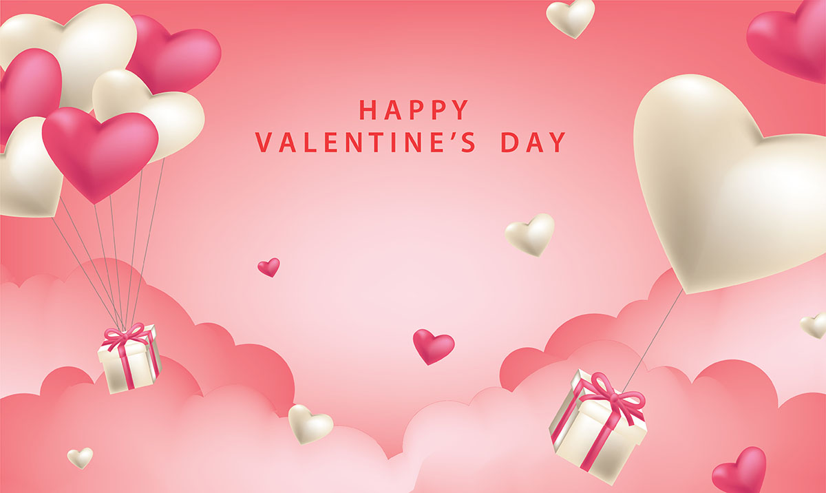 Banner ngày valentine hộp quà cùng bóng trái tim nền hồng file vector mẫu số 522