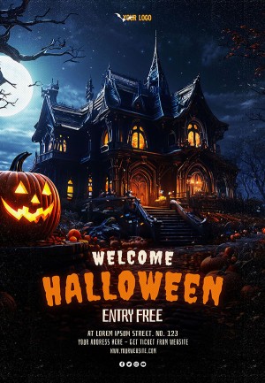 Poster lễ hội halloween lâu đài ma file PSD mẫu MB303