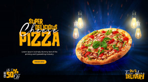 Banner quảng cáo bánh Pizza trên nền xanh với bóng đèn K100 file PSD