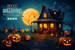 Banner lễ hội halloween ngôi nhà ma file PSD mẫu MB246