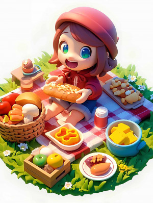 Hình ảnh bé gái ăn picnic 3d file JPG mẫu K154