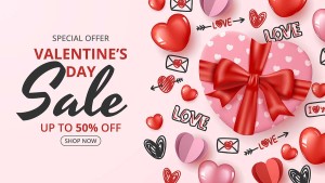 Banner giảm giá ngày valentine hộp quà tặng trái tim file vector mẫu số 378