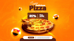 Banner quảng cáo bánh pizza phô mai nền màu cam L23 file PSD