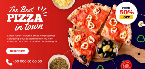 Banner quảng cáo bánh Pizza nền đỏ và xanh K02 file AI và EPS