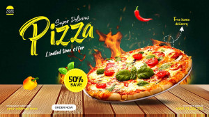 Banner quảng cáo Pizza với phô mai, quả ớt và cà chua K147 file PSD