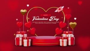 Banner bục 3D ngày valentine hình ảnh hộp quà và trái tim đỏ file PSD mẫu số 842