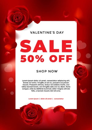 Poster sale dịp valentine nền đỏ và hoa hồng file vector mẫu số 652