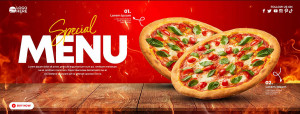 Banner quảng cáo bánh Pizza trên bục gỗ với nền màu đỏ L09 file PSD