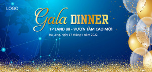 Backdrop gala dinner nền xanh kèm chùm bóng bay và kim tuyến A35 file Corel