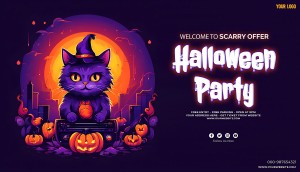 Banner lễ hội halloween con mèo phù thủy file PSD mẫu MB302