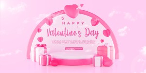 Banner bục trưng bày 3D valentine nền hồng file vector mẫu số 178