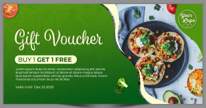 Mẫu voucher mua 1 tặng 1 ngành thực phẩm đồ ăn D74 file PSD