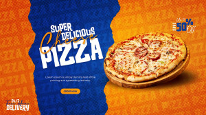 Banner quảng cáo bánh pizza phô mai nền màu cam và xanh L24 file PSD