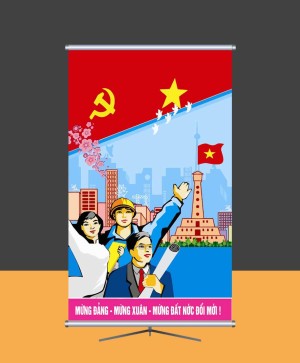 Mẫu phướn dọc nội dung Mừng Đảng - Mừng Xuân - Mừng Đất Nước file corel