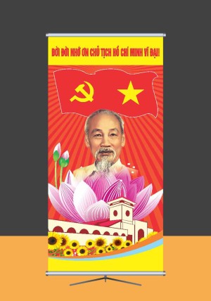 Mẫu phướn dọc hình ảnh Bác Hồ vĩ đại cùng hoa sen hồng file corel mẫu số 442