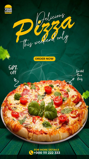 Poster quảng cáo bánh Pizza nền màu xanh mẫu L06 file PSD