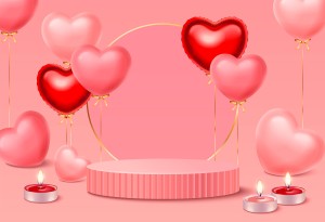 Banner bục 3D ngày valentine màu hồng lãng mạn file vector mẫu BV210