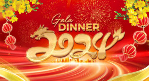 Banner gala dinner đèn lồng và hoa mai file PSD