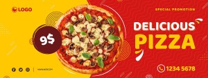 Banner quảng cáo bánh Pizza nền vàng và đỏ L14 file AI và EPS