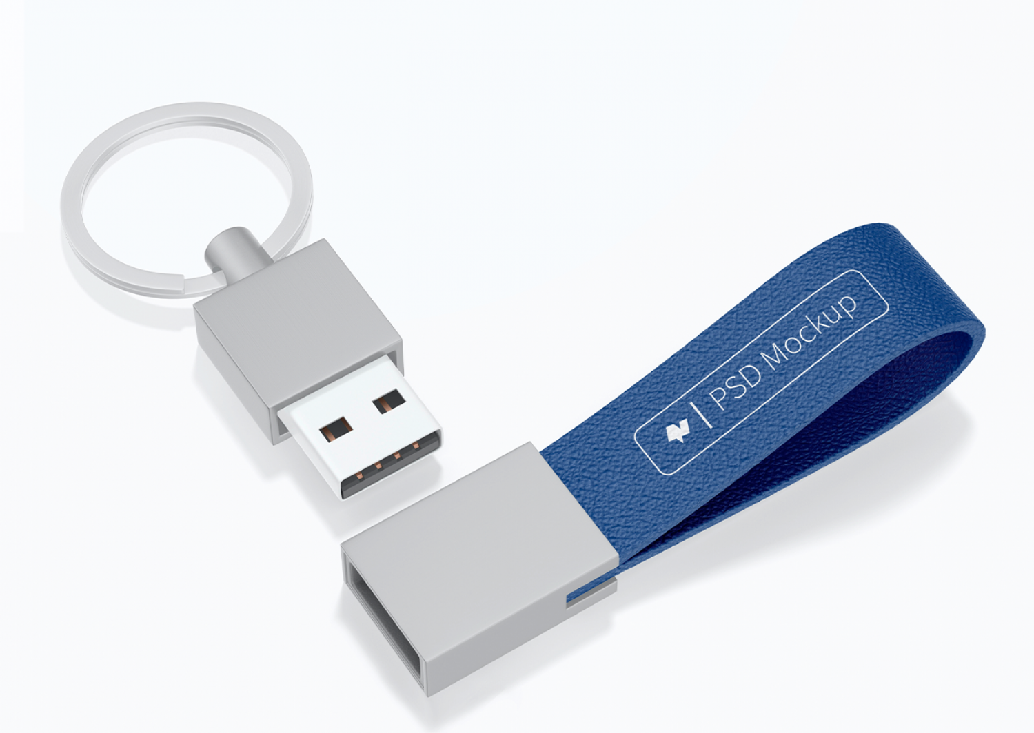 Mockup thẻ nhớ dữ liệu USB màu bạc xanh dương PSD