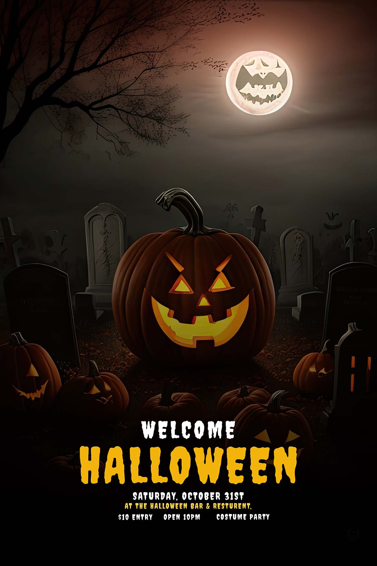 Poster halloween nghĩa trang, kinh dị, đêm trăng mẫu H100 PSD