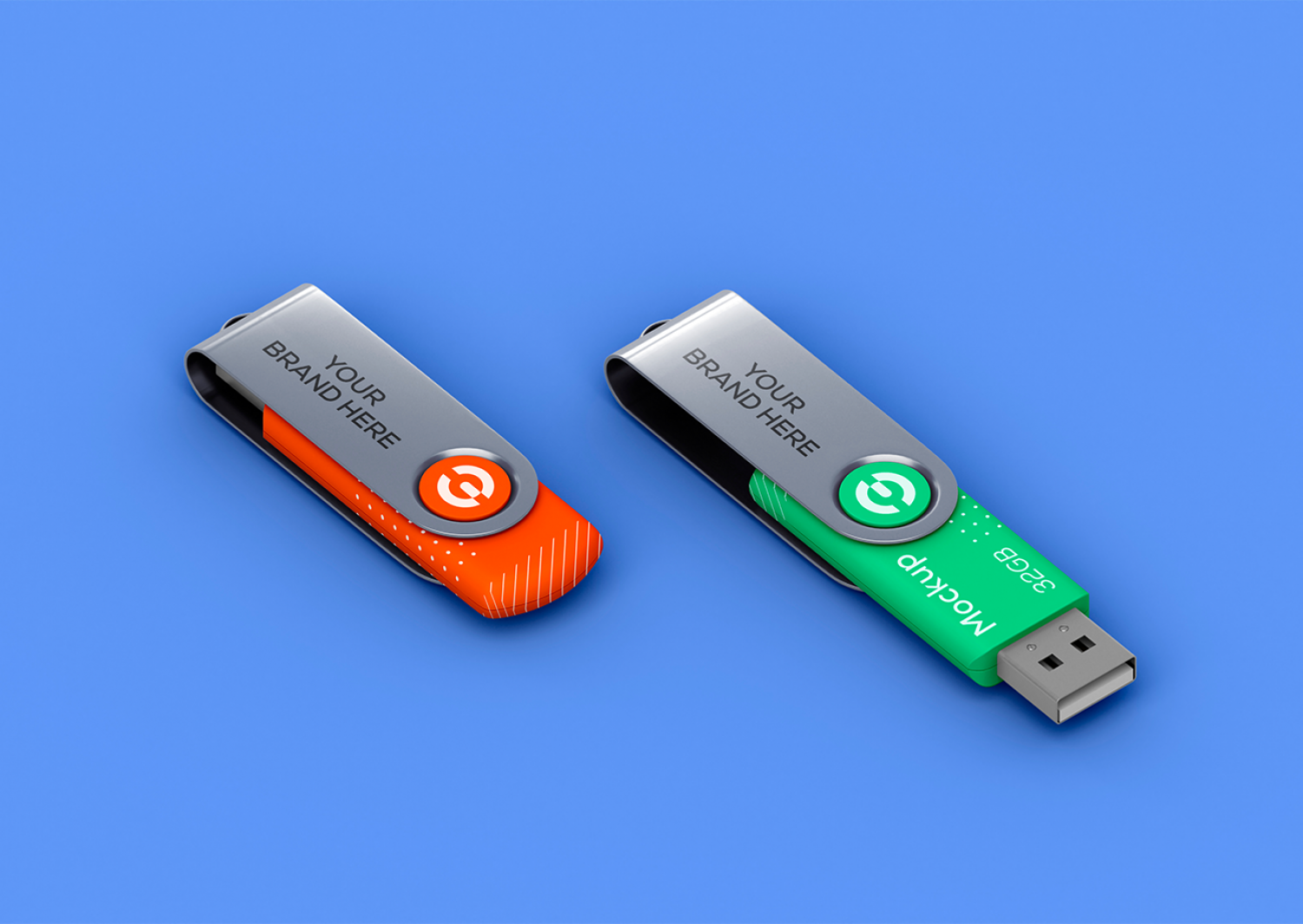 Mockup  thẻ nhớ dữ liệu USB màu xanh lá cây, cam nền tím PSD