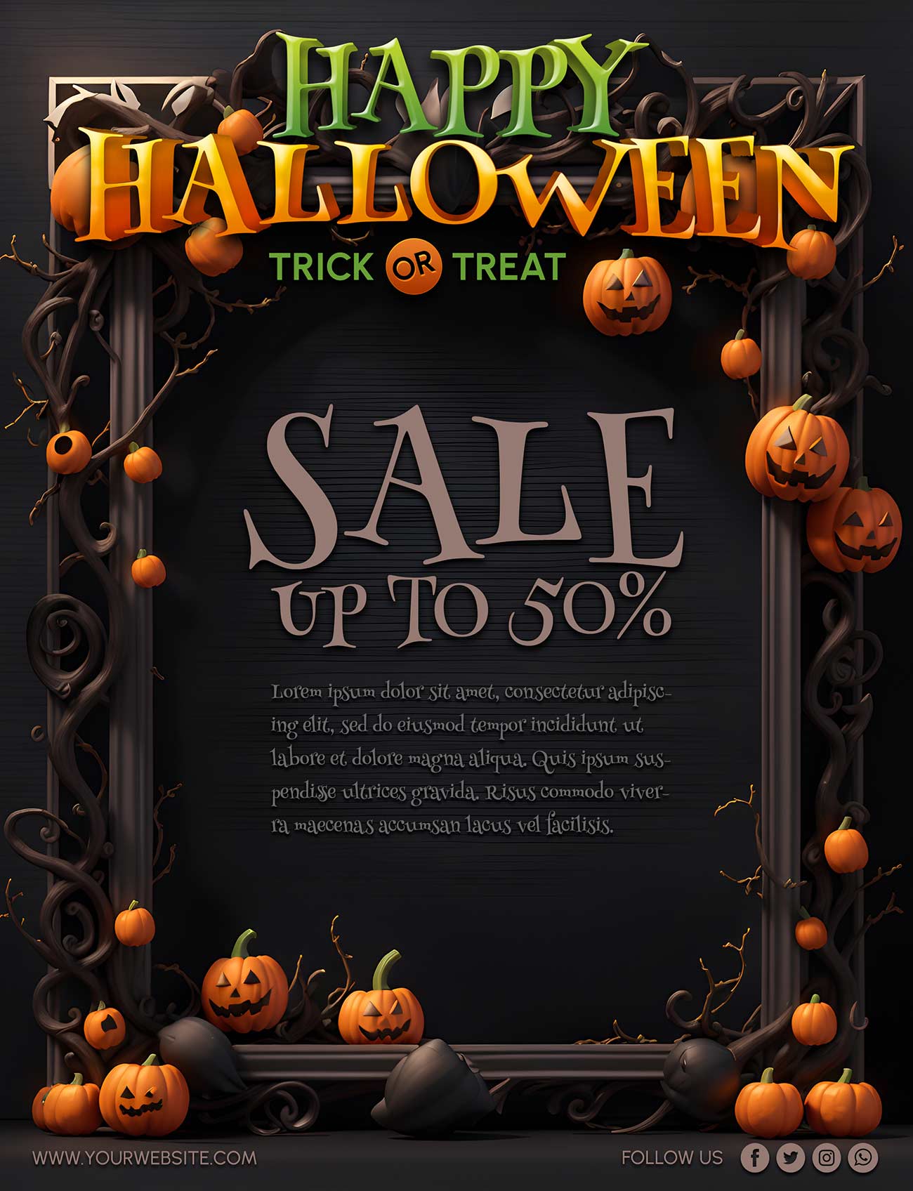 Poster cửa hàng bánh kẹo halloween giảm giá 50% file PSD