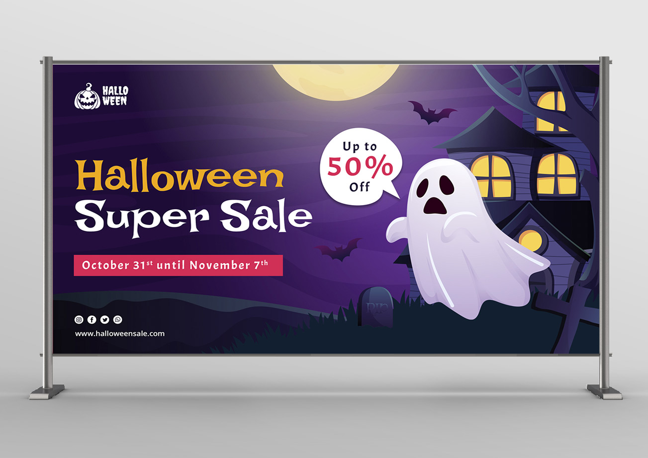 Backdrop cửa hàng đồ trang trí halloween giảm giá 50% file PSD