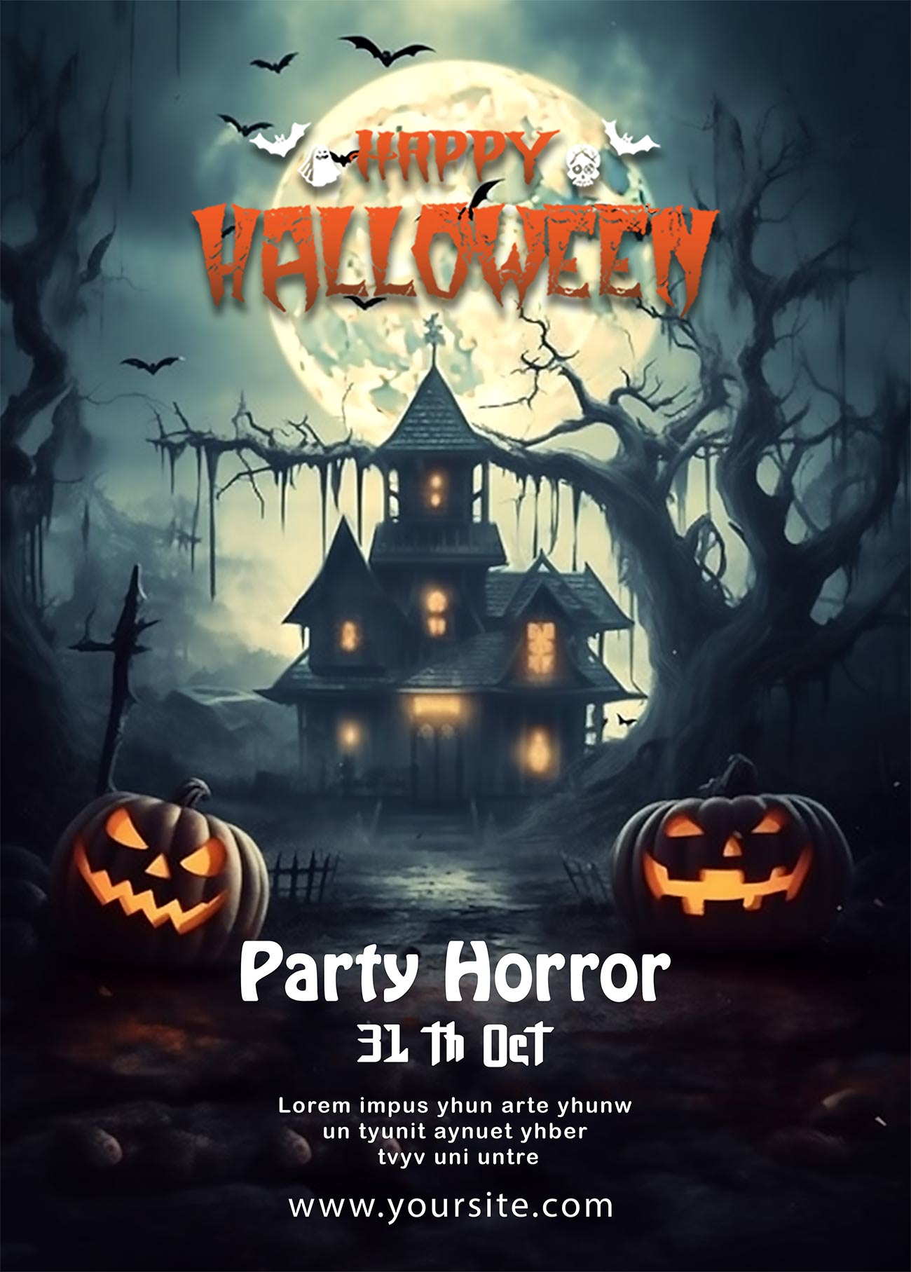 Poster tiệc halloween kinh hoàng tại lâu đài quỷ dị file PSD