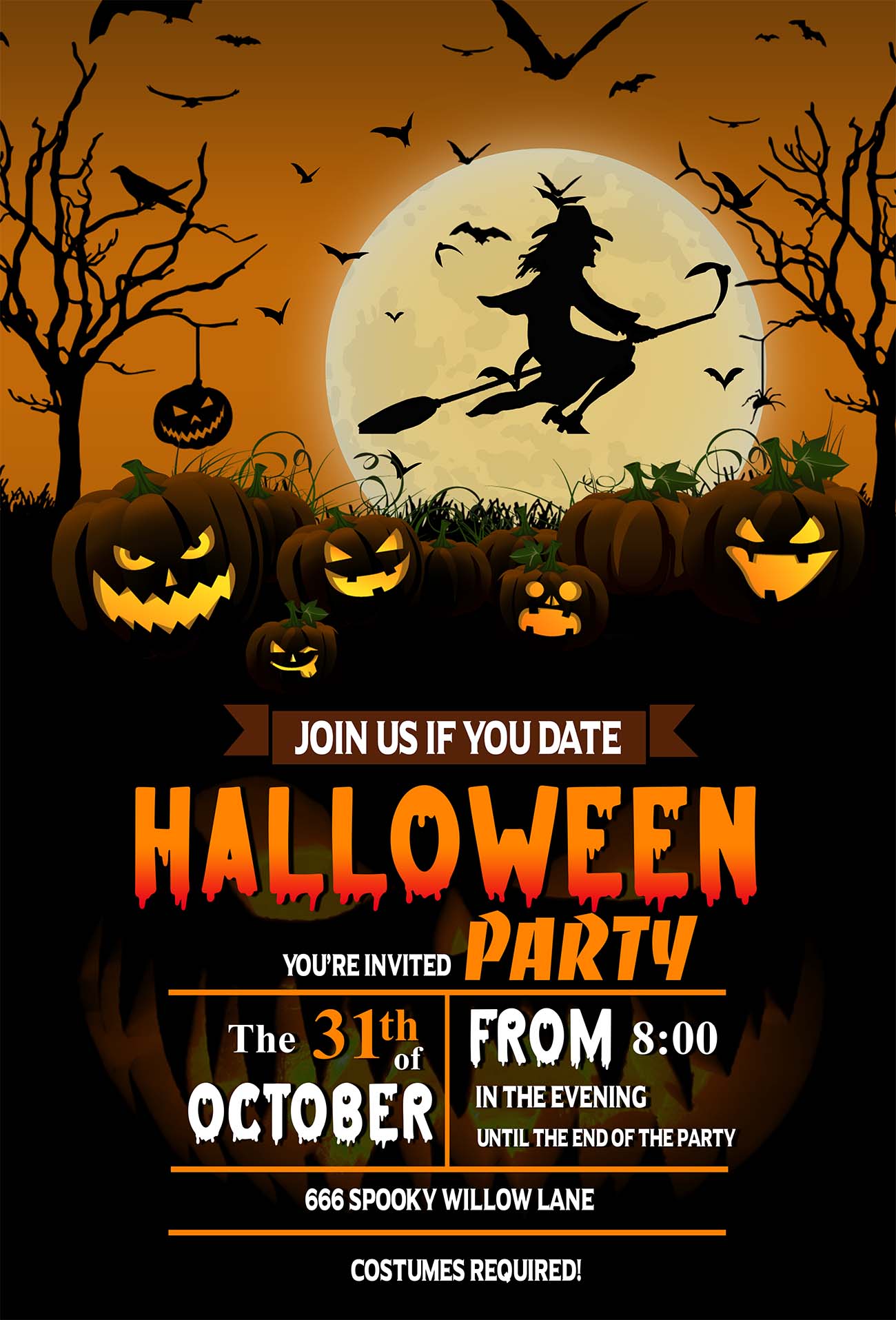 Poster halloween, phù thủy cưỡi chổi mẫu số H37 PSD