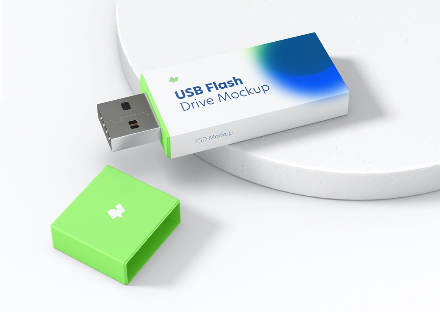 Mockup thẻ nhớ dữ liệu USB màu trắng xanh PSD